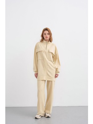 Açık Sarı Kadın Dik Yaka Yarım Fermuarlı Cep Detaylı Bol Paça Örme Alt-Üst Takım