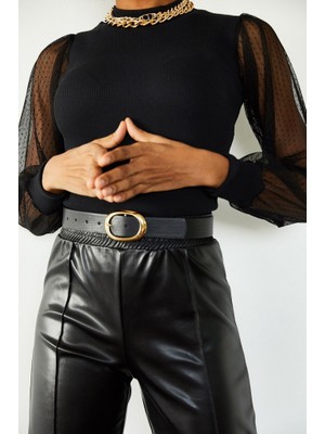 Kadın Siyah Kolu Tül Detaylı Yarım Balıkçı Kaşkorse Bluz 6160