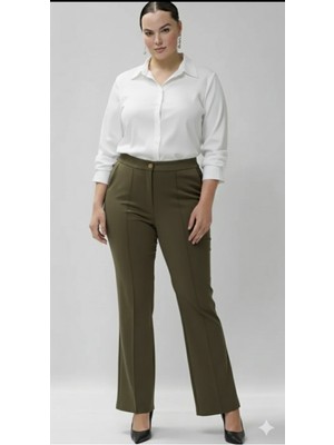 Akşen Giyim Büyük Beden Süet Kumaş Yüksek Bel Toparlayıcı Ince Gösteren Camel Renk Ispanyol Paça Pantolon