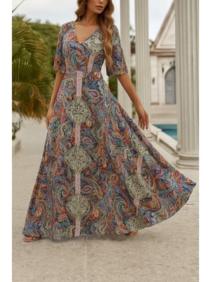 Kadın Kısa Kollu V Yakalı Desenli Süprem Elbise