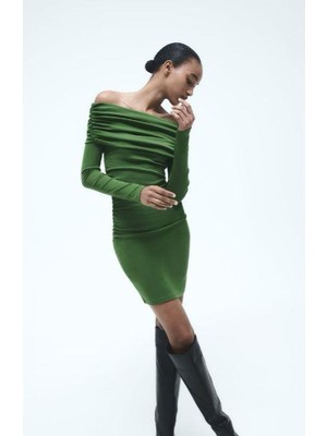 Kadın Madonna Mendil Yaka Fırsat Ürün Büzgülü Mini Elbise