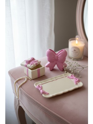 Çiçekli Atölye El Yapımı Pembe Fiyonklu Set Fiyonklu Kutu Fiyonklu Tabak Fiyonk Kalemlik 3 Parça Set