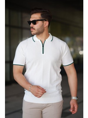 Erkek Dikey Kabartmalı Örgü Dokulu Fermuar Yakalı Tişört