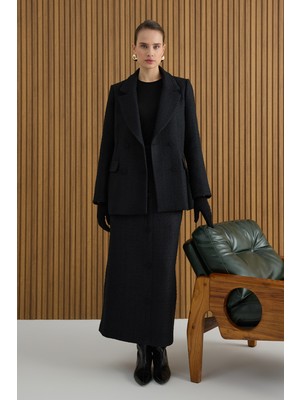 Aker Siyah Önden Düğmeli Tweed Kumaş  Etek