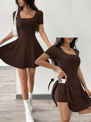 Kadın Kısa Kollu Kare Yaka Short Detaylı Cepli Dalgıç Elbise