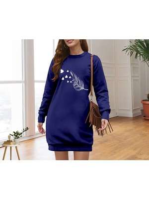 Kadın Uzun Kollu Bisiklet Yaka Desenli Viskon Iki Iplik Elbise