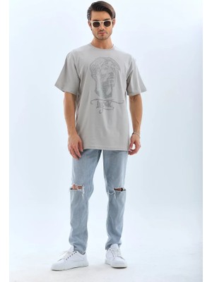 Unisex Oversize Taşlı Bisiklet Yaka T-Shirt - Gri