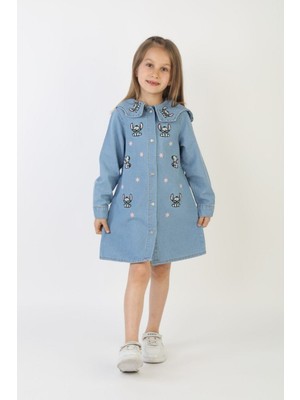 Canan Çakmak Kız Çocuk Tavşan Işlemeli Mavi Renk Kot Elbise
