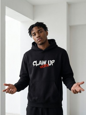CLAW UP WORK Oversıze Hoodıe | Blackout Built Baskılı (Unisex Pamuklu Yumuşak Dokulu Geniş Kesim Siyah Kapüşonlu Sweatshirt)