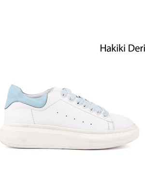 Gönderi(r) Kadın Beyaza Mavi  Bağcıklı Dolgu Taban Hakiki Deri Sneaker