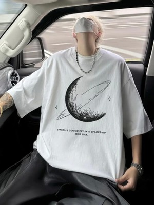 Baskılı Oversize Bisiklet Yaka T-Shirt - Beyaz