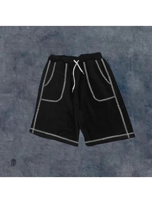 Unisex Dikişli Cepli Oversize Şort - Siyah