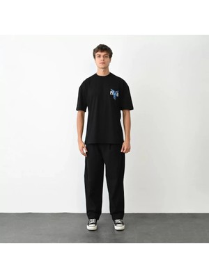 Unisex Bisiklet Yaka Baskılı Oversize T-Shirt - Siyah