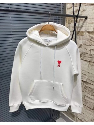 Unisex Kapşonlu Baskılı Sweetshirt - Beyaz