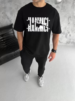 Unisex Bisiklet Yaka Katlanan Baskılı T-Shirt - Siyah