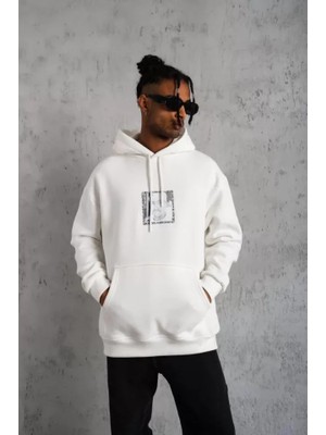 Erkek Ön Arka Baskılı Kapşonlu Sweat - Beyaz