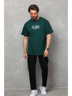 Unisex Bisiklet Yaka Baskılı Oversize T-Shirt - Yeşil
