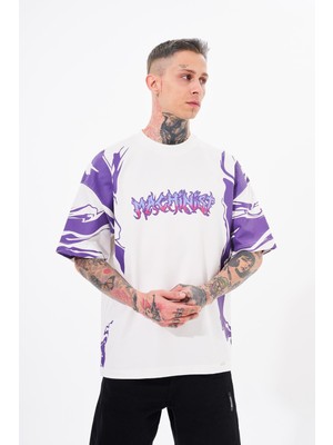 Machinist Erkek Kol Baskılı Oversize Tişört Ekru