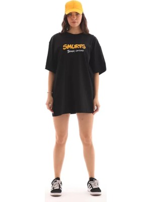 Unisex Bisiklet Yaka Baskılı Oversize T-Shirt - Siyah