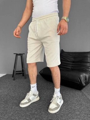 Su Yolu Çizgili Cepli Şort- Bej