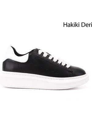 Gönderi(r) Kadın Siyaha Beyaz  Bağcıklı Dolgu Taban Hakiki Deri Sneaker