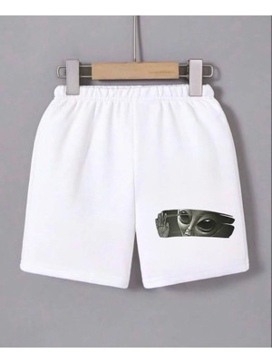 Beli Lastikli Baskılı Mini Şort - Beyaz