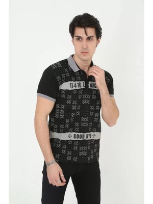 Erkek Yakalı Slim Fit Baskılı T-Shirt - Siyah