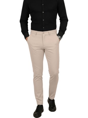 Deepsea Bej Dar Kesim Beli Lastikli Çizgi Dokulu Likralı Erkek Pantolon – Şık & Konforlu Tasarım 2600700