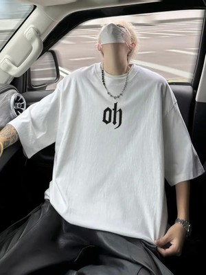 Baskılı Oversize Bisiklet Yaka T-Shirt - Beyaz