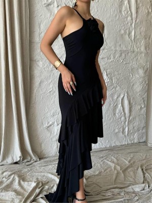 Güllü Elbise Asimetrik Katlı - Siyah