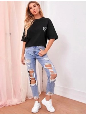 Bisiklet Yaka Baskılı Oversize T-Shirt - Siyah