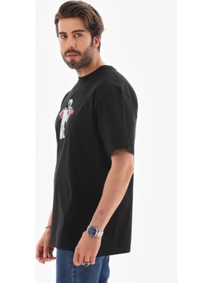 Unisex Bisiklet Yaka Baskılı Oversize T-Shirt - Siyah
