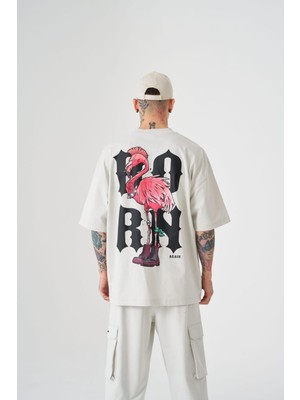 Machinist Erkek Crazy Flamingo Baskılı Oversize Tişört Uzay Grisi
