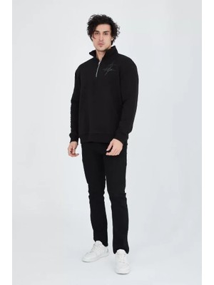 Erkek Yarım Fermuarlı Baskılı Sweat - Siyah