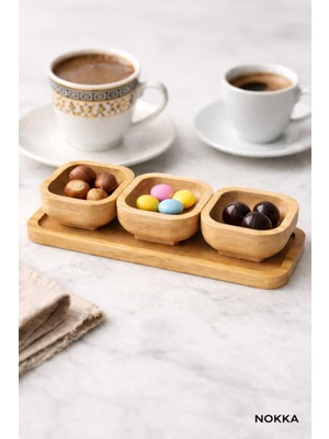 Nokka 3'lü 6 cm Bambu Kare Sunum Kasesi, Bambu Tepsi Çerezlik Servis Kasesi