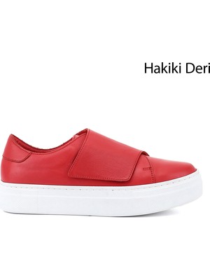 Gönderi(r) Kadın Kırmızı  Cırtlı Dolgu Taban Hakiki Deri Sneaker