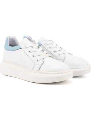 Gönderi(r) Kadın Beyaza Mavi  Bağcıklı Dolgu Taban Hakiki Deri Sneaker