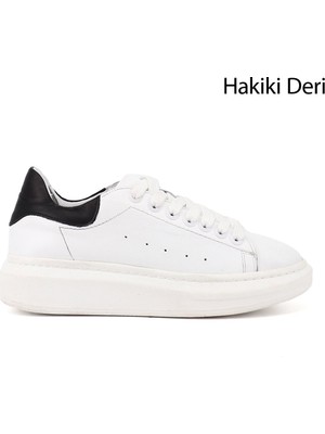 Gönderi(r) Kadın Beyaza Siyah  Bağcıklı Dolgu Taban Hakiki Deri Sneaker