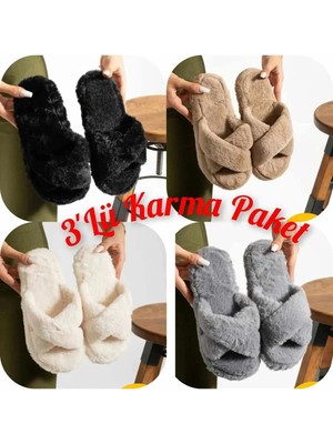 Behtah Kundura 3'lü Paket Önü Kapalı Kışlık Rahat Kadın Ev Terliği Çeyiz Misafir Kışlık Terlik