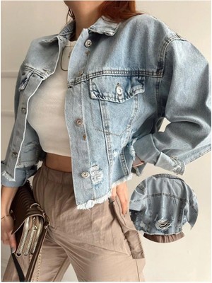 Lokadi Kadın Oversize Buz Mavi Lazerli Denim Ceket Uzun Kol Düğmeli Tasarım