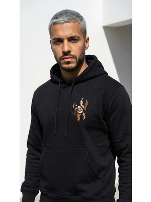 CLAW UP WORK OVERSIZE HOODIE | BLACKOUT KAPLAN BASKILI (Unisex Pamuklu Yumuşak Dokulu Geniş Kesim Siyah Kapüşonlu Sweatshirt)