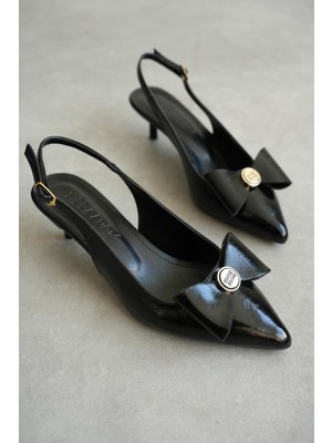 Kadın Tesla Kısa Topuklu Papyonlu Ayakkabı - Siyah-Rugan