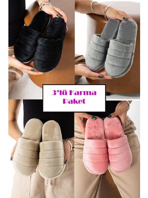 Behtah Kundura 3'lü Paket Önü Kapalı Kışlık Rahat Kadın Ev Terliği Çeyiz Misafir Kışlık Terlik