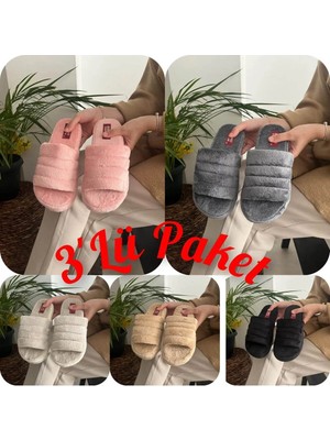 Behtah Kundura 3'lü Paket Önü Kapalı Kışlık Rahat Kadın Ev Terliği Çeyiz Misafir Kışlık Terlik