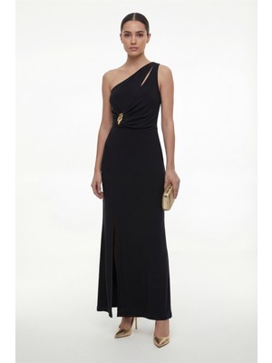 Lafaba Kadın Siyah Tek Omuz Aksesuar Detay Maxi Şık Elbise