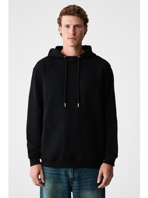Grimelange Alessıo Erkek %100 Pamuk Kapüşonlu Kordon Detaylı Oversize Fit Siyah Sweatshirt