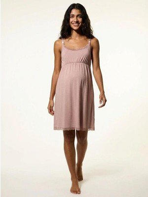 Cotonhause Kadın Ince Askılı %100 Pamuk Emzirme Kolaylıklı Hamile Lohusa Açık Kahve Gecelik COT614124