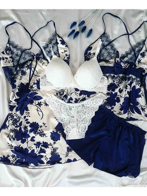 Çeyize Dair Herşey Lacivert Ipek Saten 5 Li Çeyizlik Gecelik Set Çiçek Desenli Normal Bel Özellikli Kadın İç Giyim