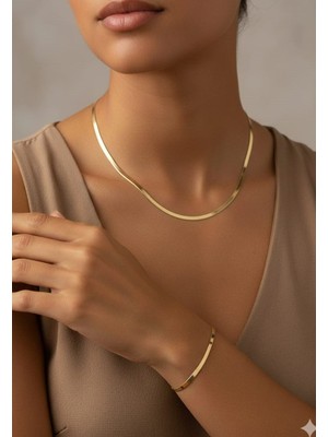 Papatya Silver 925 Ayar Italyan Yassı Zincir Yılan Zincir Kolye Bileklik Set Italyan