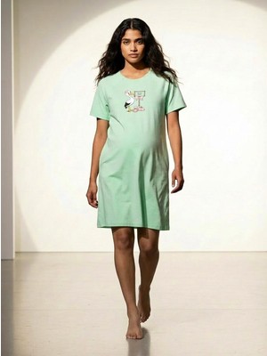 Cotonhause Kadın Kısa Kol %100 Pamuk Yeşil Emzirme Kolaylıklı Hamile Lohusa Gecelik COT614445